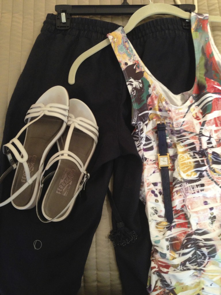 printed streaked tank, navy linen pants