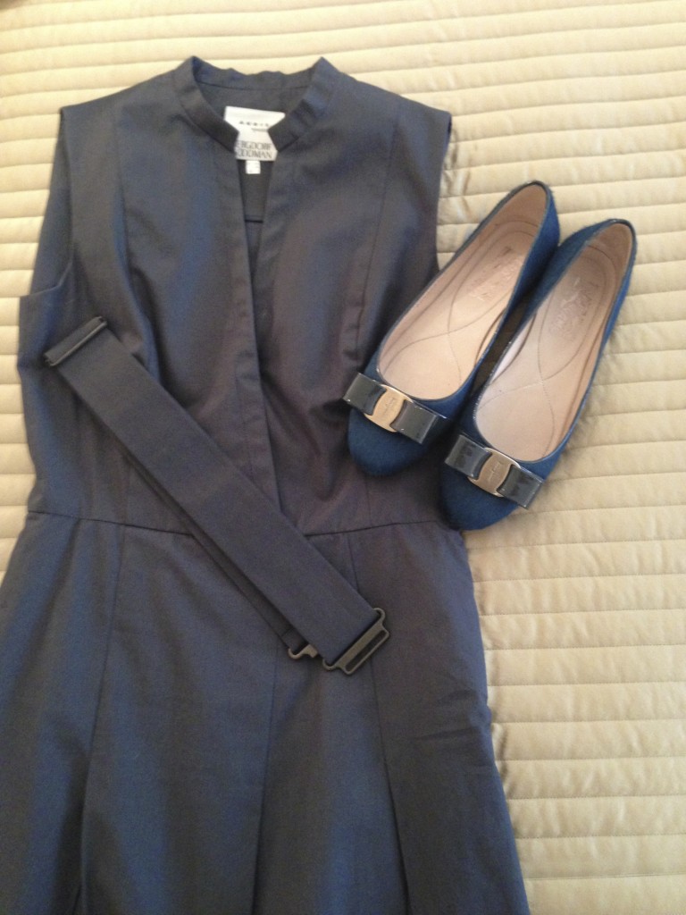 akris navy charcoal dress, mandarin collar