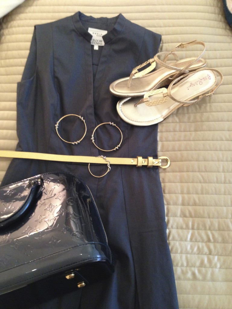 akris charcoal navy dress gold sandals