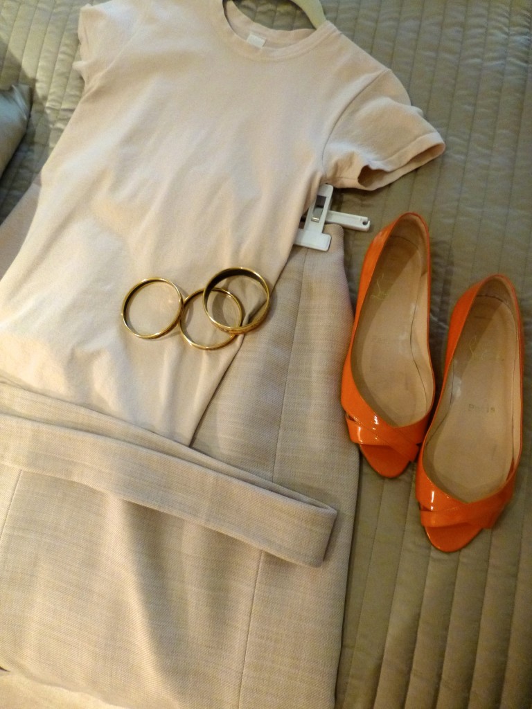 cream tee cream t-shirt, Beige Skirt Suit w/ Stand Away Turndown Collar & 3/4 Length Sleeves