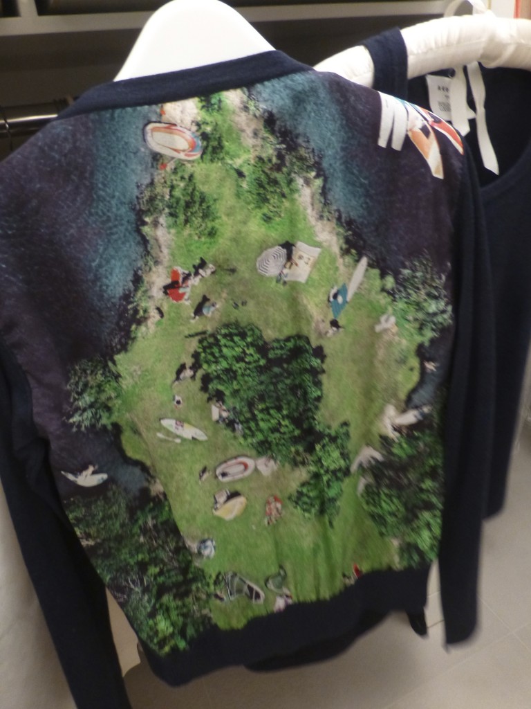 printed navy cardigan nature scene picnic scene