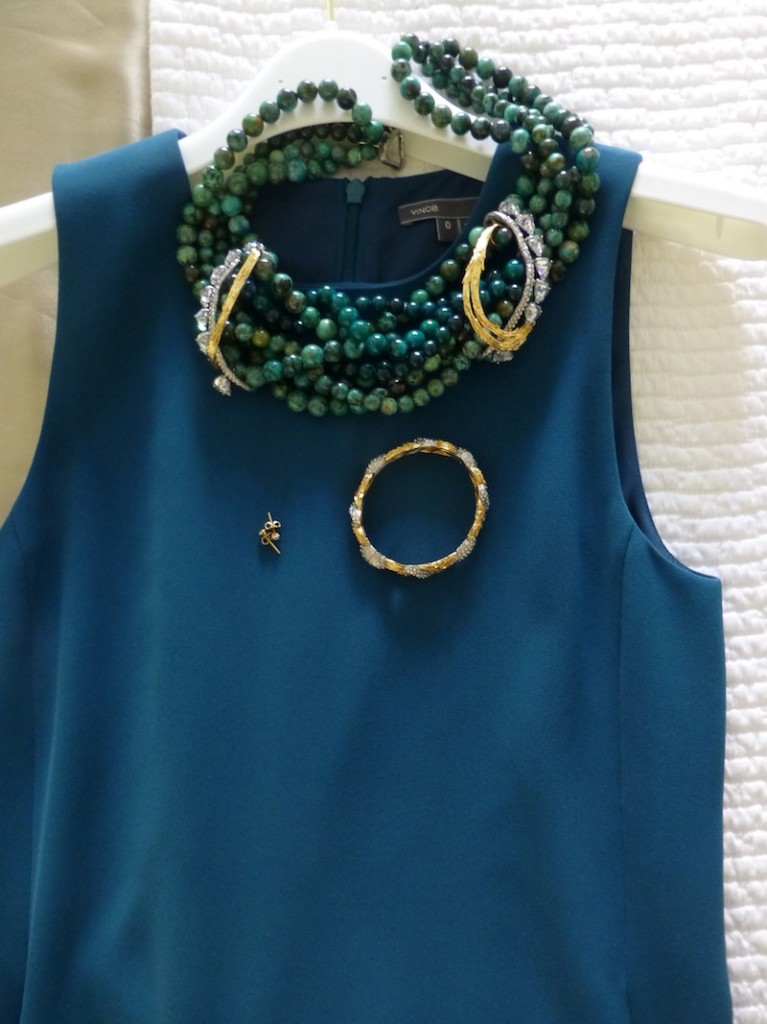 vince, alexis bittar chrysocolla necklace, gold flats