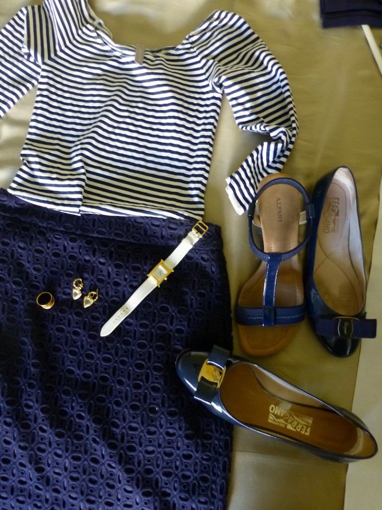 striped shirt navy skirt