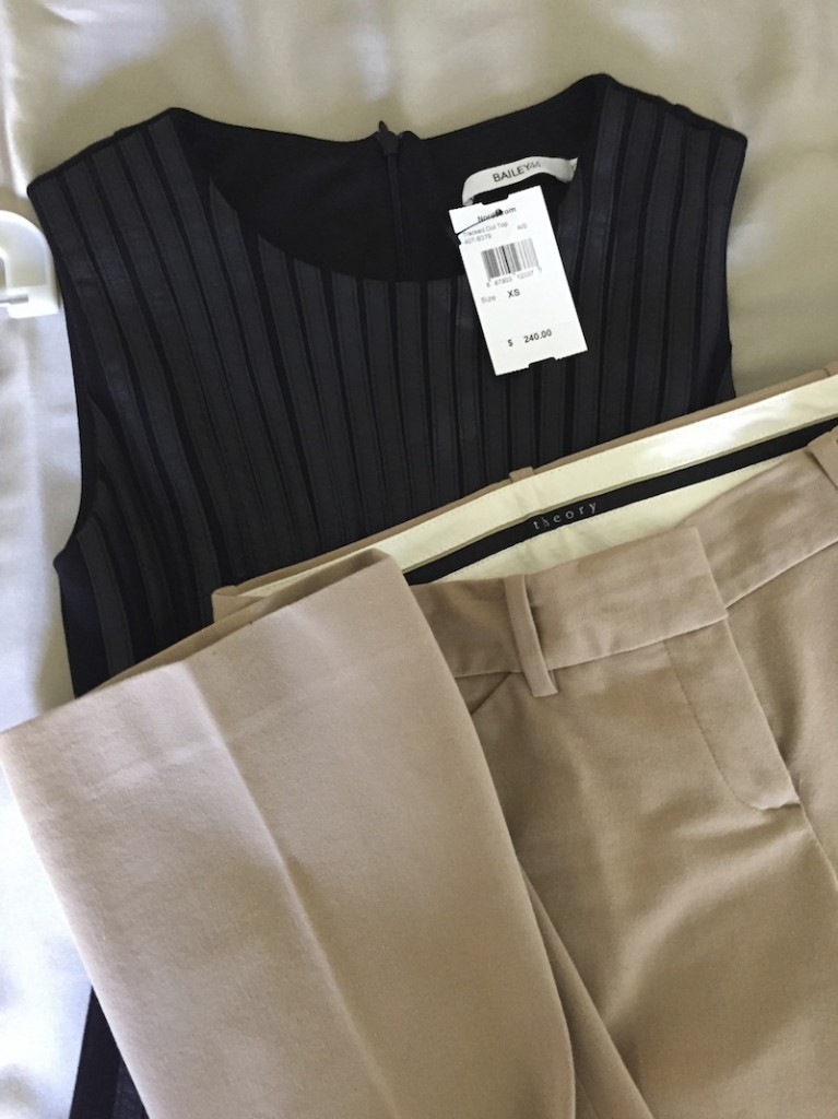 theory khaki pants, bailey 44 black leather top