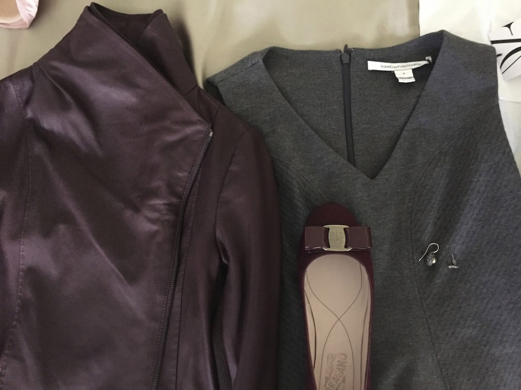 dvf grey dress, leather jacket vince
