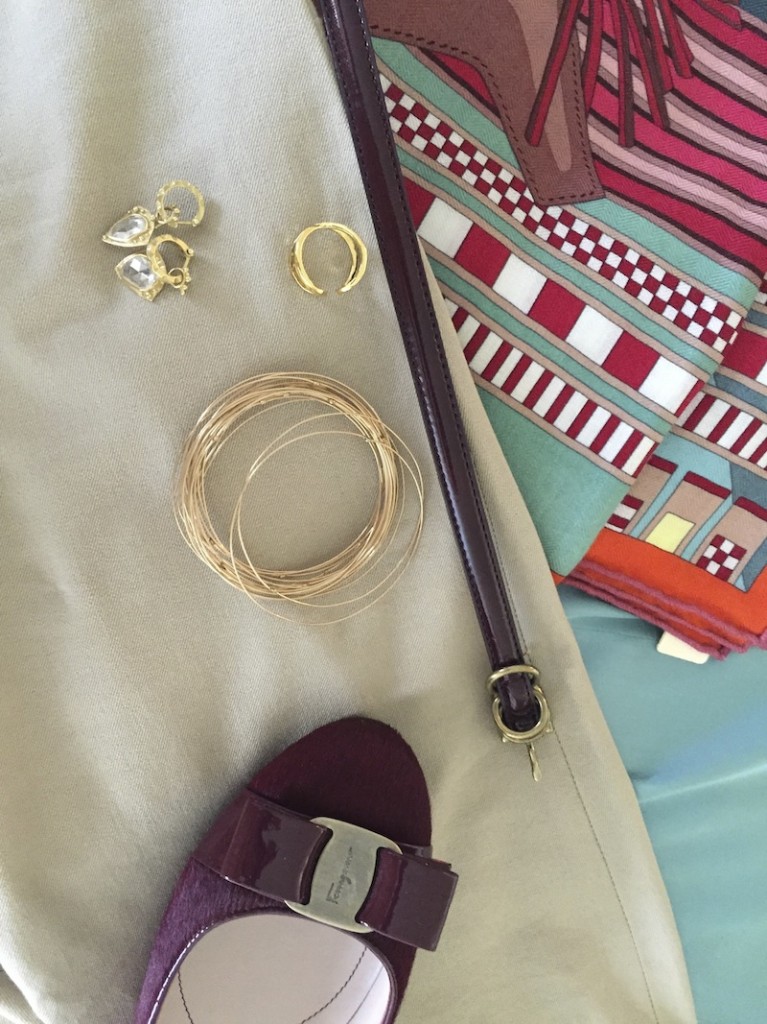 printed scarf, burgundy shoes, burgundy burgundy belt