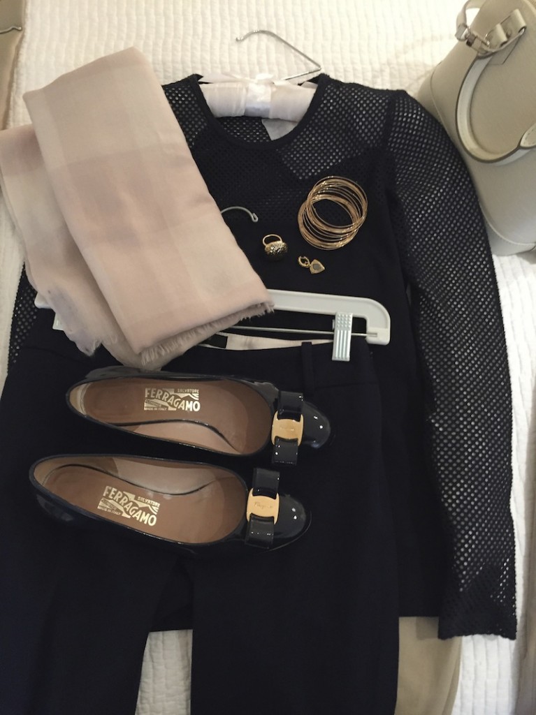 navy pants, navy a kris top, scarf