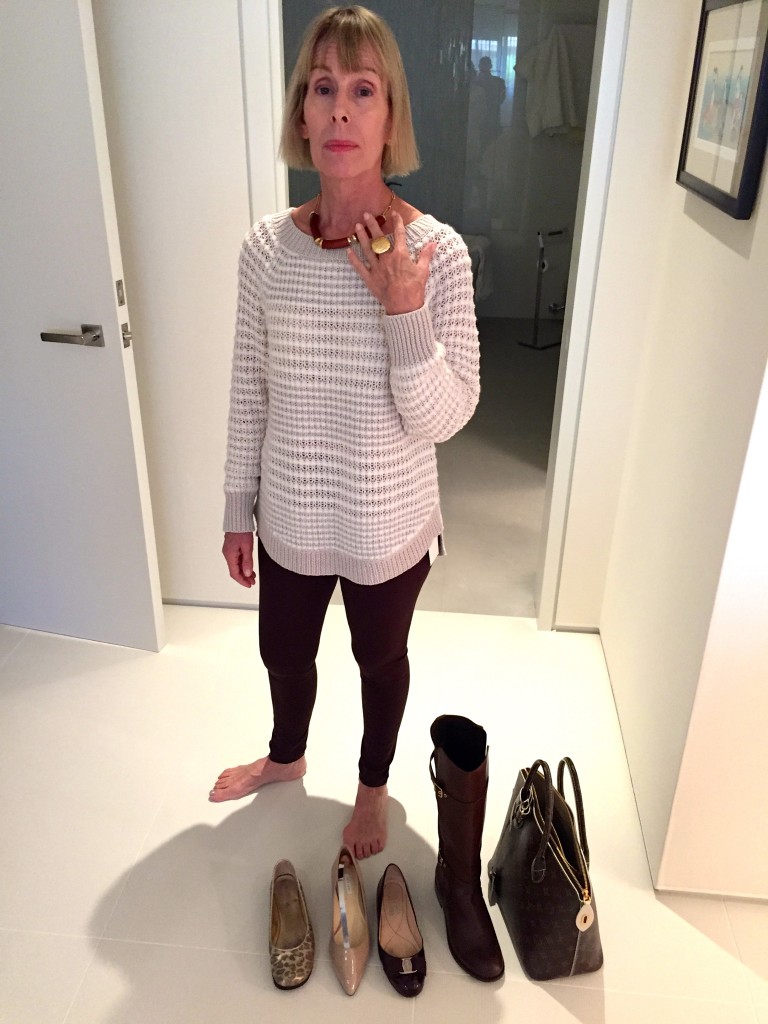 hinge cream tan sweater, brown leggings