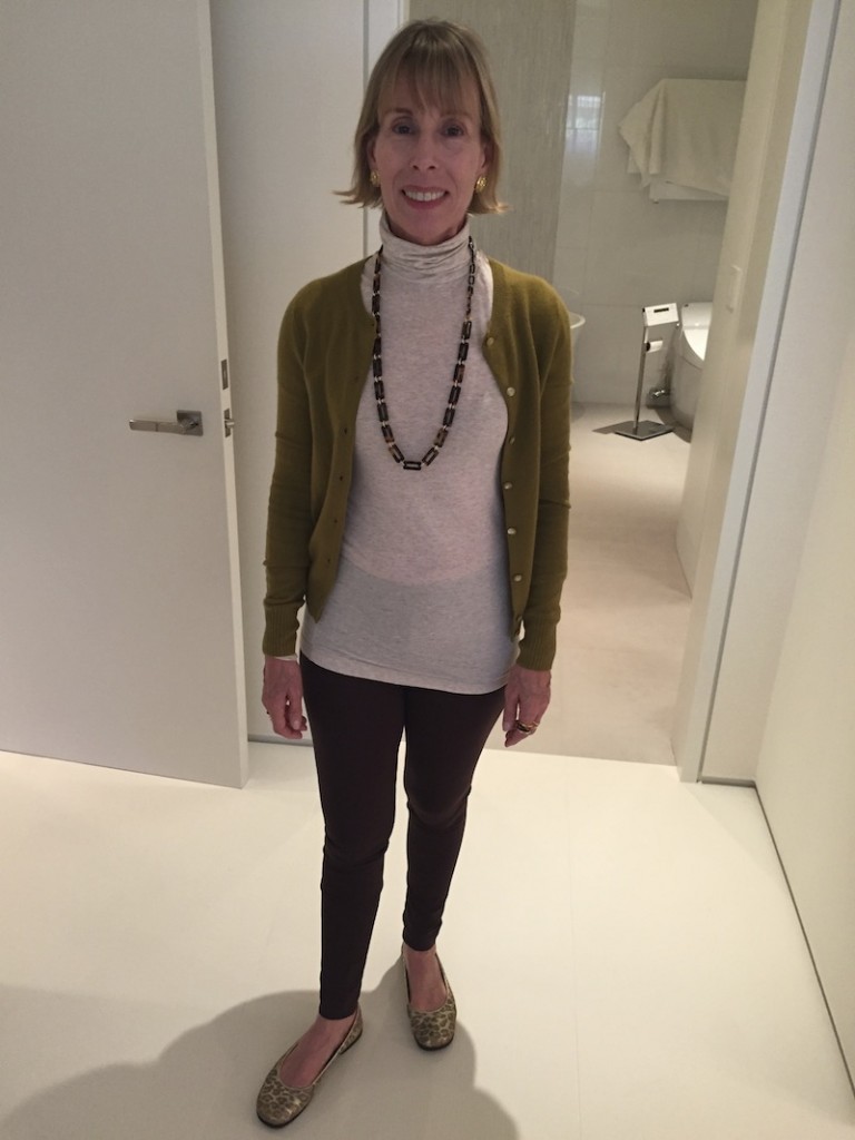 Oatmeal Long Sleeve Turtleneck, “J.Crew” Cashmere Moss Green Cardigan, “Two by Vince Camuto” Brown Leggings