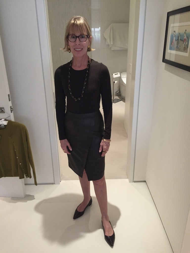 "?" Brown Long Sleeve Top, “Halogen” Brown Leather Skirt