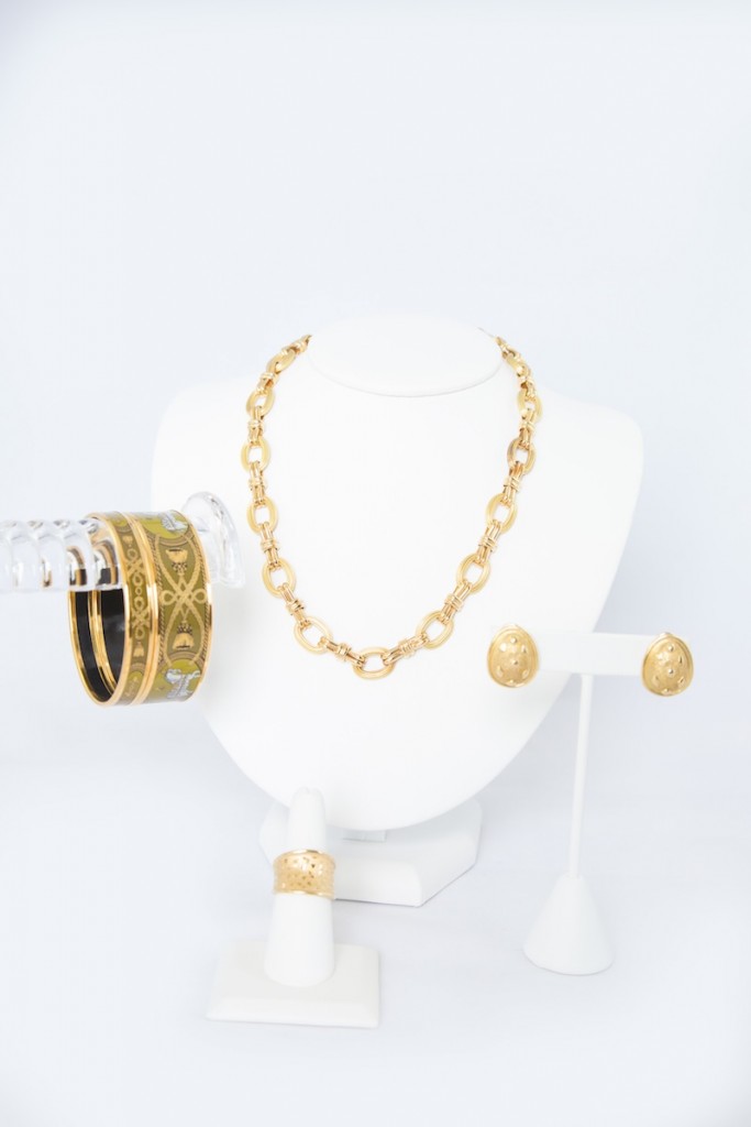 gold link chain necklace, green hermes bangles