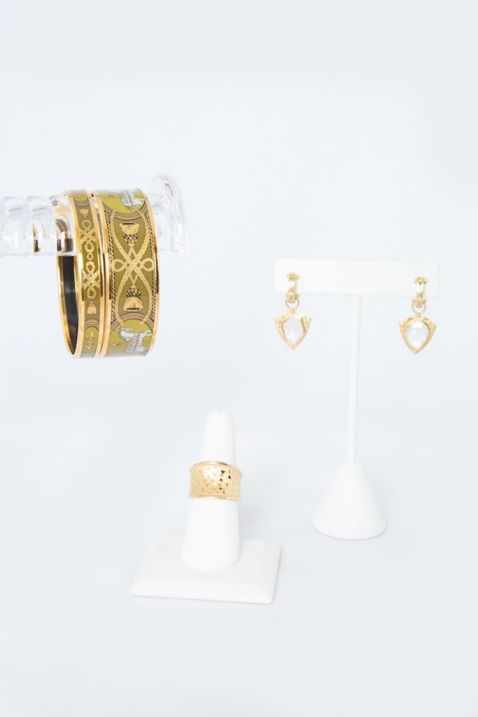 hermes green bangle bracelet, dagger diamond earrings gold ring