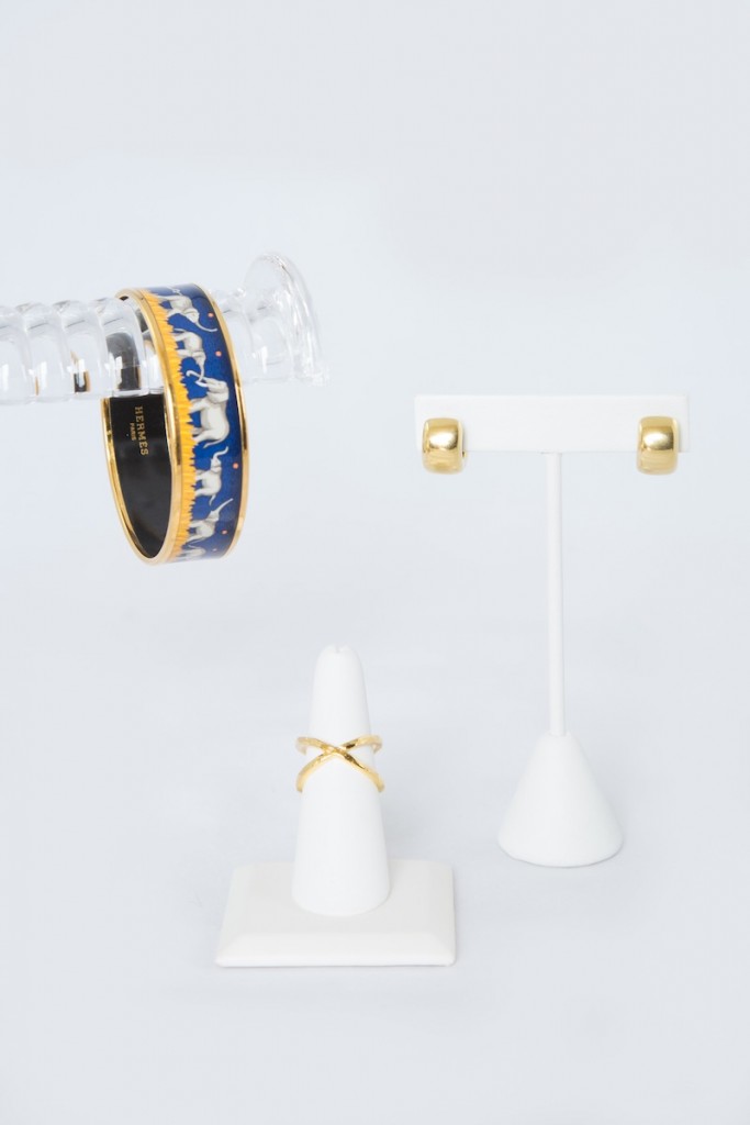 hermes blue elephant bangle, chunky gold earrings