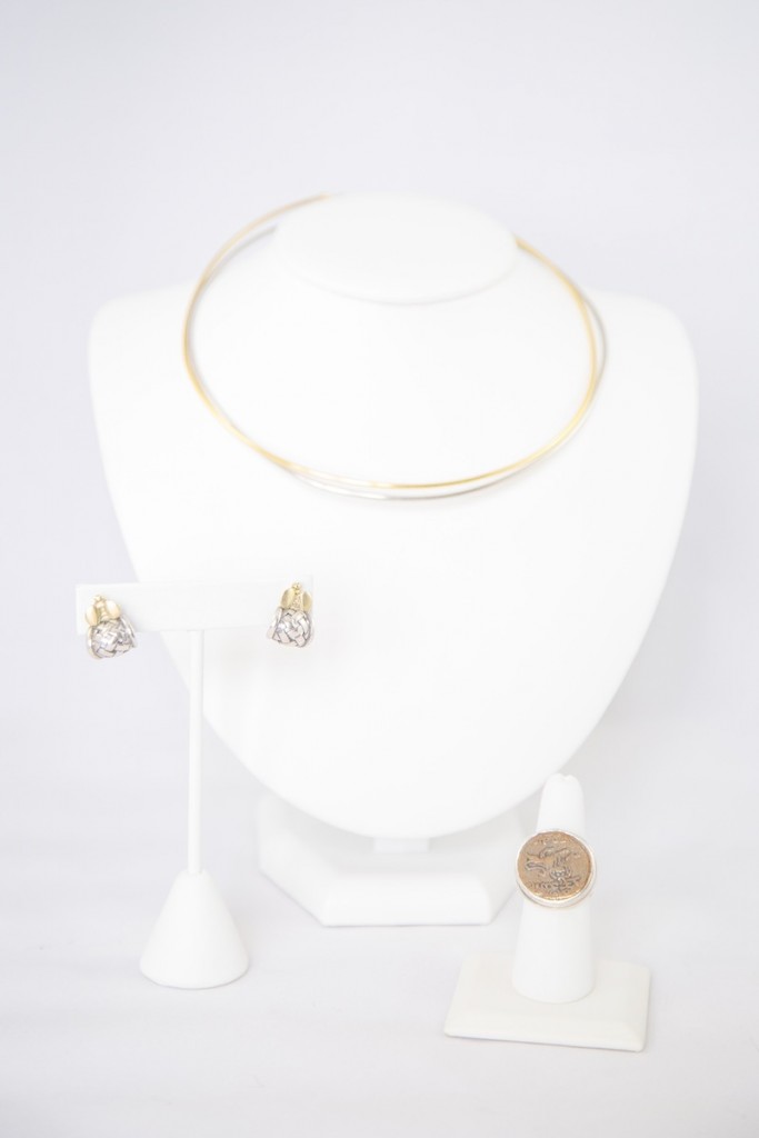 gold and silver mixed metal bug earrings coin ring