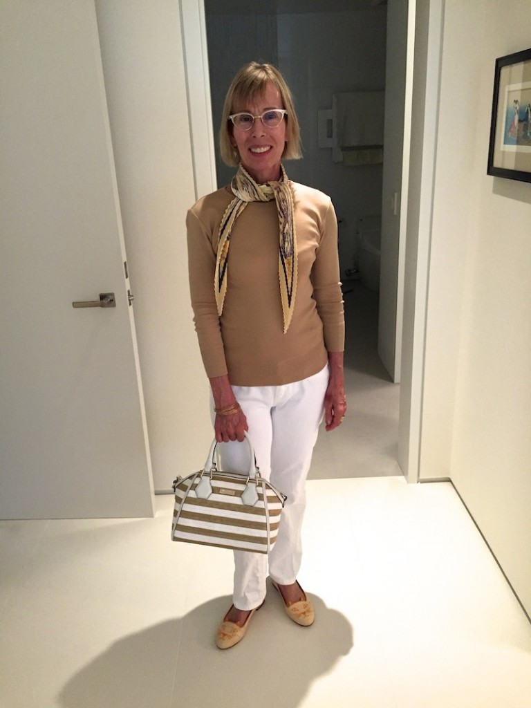 hermes scarf, kate sapde khaki purse, 