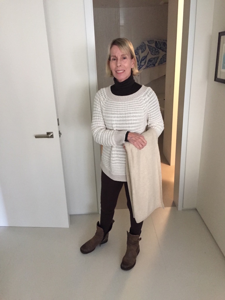 wolfed dark brown espresso turtleneck, brown turtleneck, hinge cream and tan sweater, brown leggings, born taupe boots, Ann taylor cream scarf
