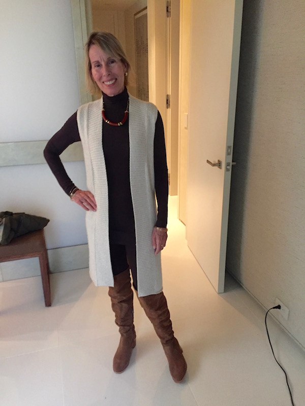 theory cream vest, brown turtleneck caslon, vince camuto brown leggings