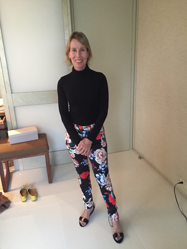 black turtle neck, flower print jeans