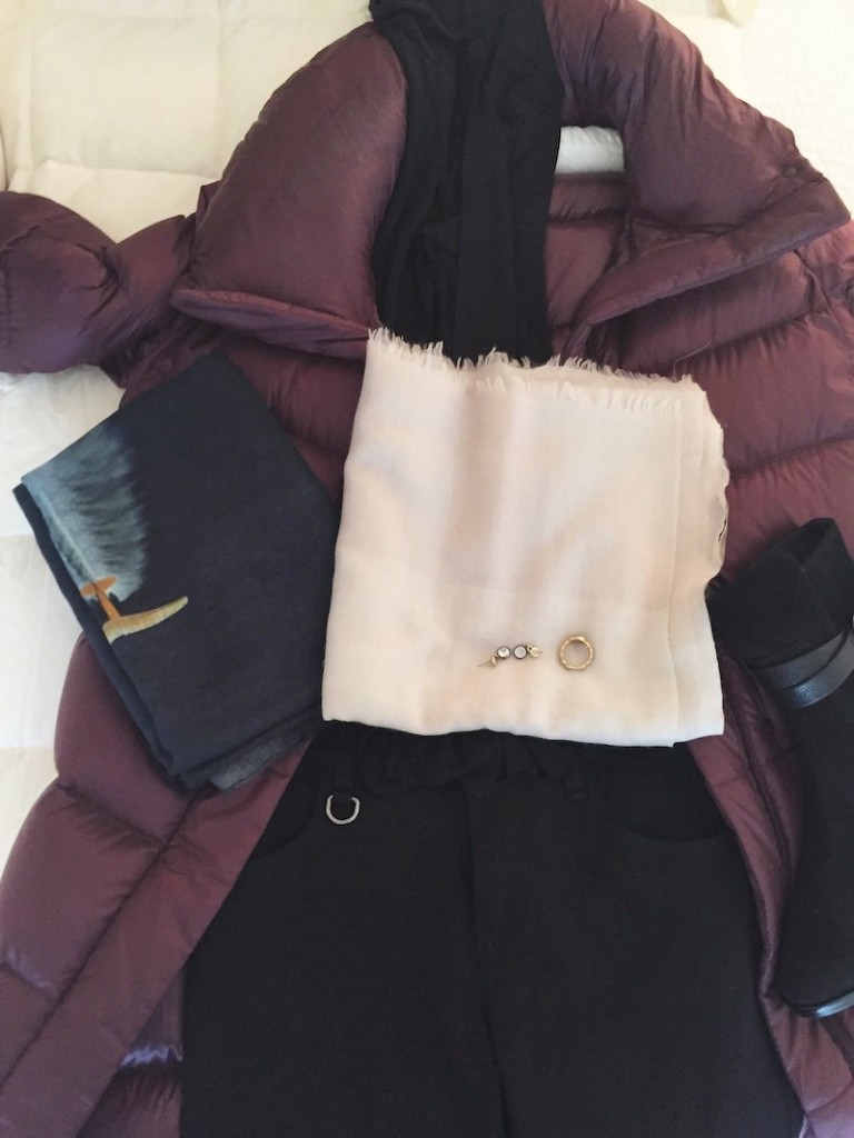 black top, burberry brit black pants, burgundy puffer coat, burgundy down puffer coat, avy blue scarf, white light pink scarf, gold drop earrings, gold ring, via spiga black suede short boots, via spiga suede heel boots