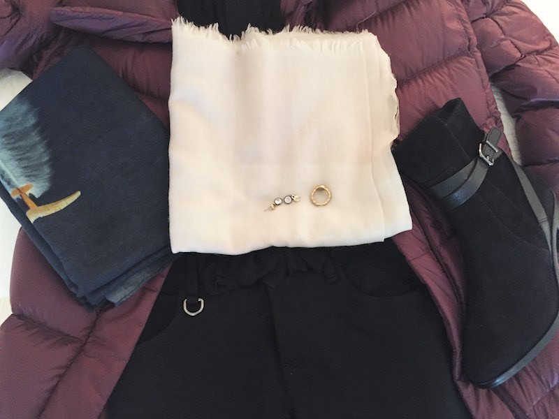 navy blue scarf, white light pink scarf, gold crystal drop earrings, gold ring, via spiga black suede short boots, via spiga suede heel boots