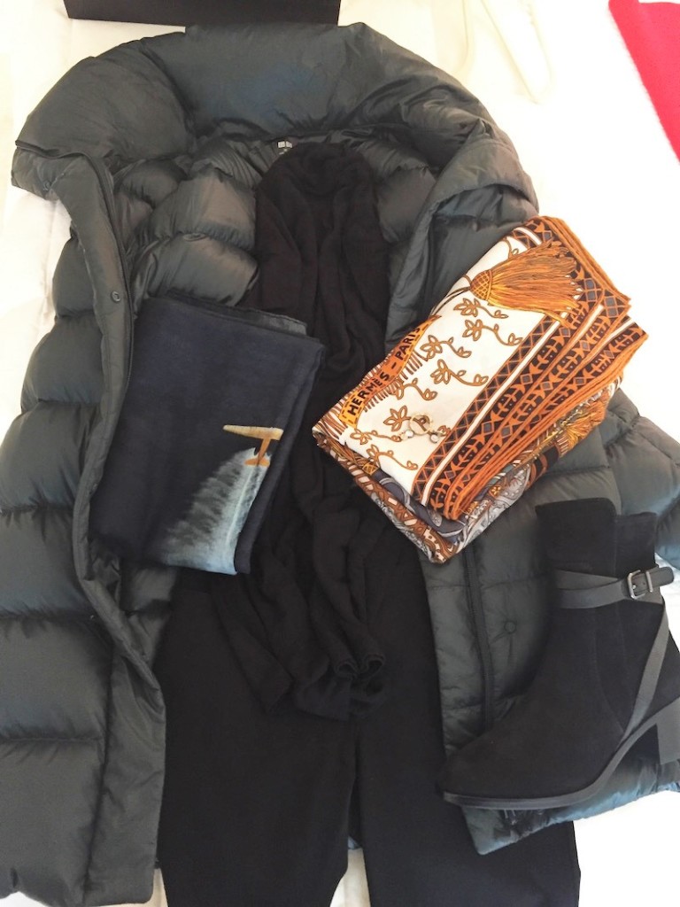 black top, burberry brit black pants, green puffer coat, dark teal down coat, navy blue scarf, hermes black orange mixed print scarf, via spiga black suede short boots, via spiga suede heel boots