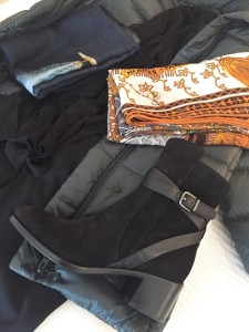 navy blue scarf, hermes black orange mixed print scarf, via spiga black suede short boots, via spiga suede heel boots