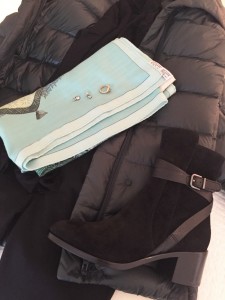 light blue printed sacrf, gold crystal drop earrings, gold ring, via spiga black suede short boots, via spiga suede heel boots