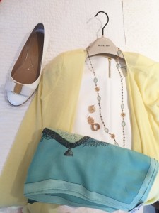 diane von furstenberg white sleeveless dress, yellow cashmere cardigan, gold drop earrings, gold band ring, gold light crystal necklace, salvatore ferragamo white patent leather flat, salvatore ferragamo white ballerina flat