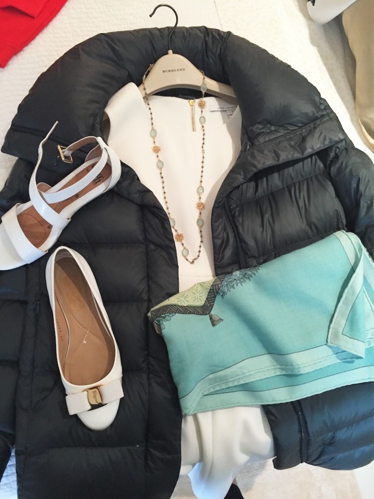 iane von furstenberg white sleeveless dress, gold light crystal necklace, black puffer coat, black down coat, salvatore ferragamo white patent leather flat, salvatore ferragamo white ballerina flat, light blue printed scarf