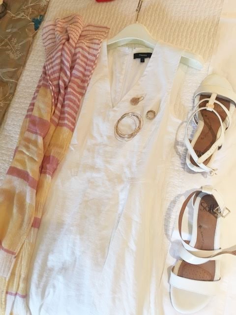 theory white fit and flare dress, theory whote v-neck dress, pink and orange striped scarf, soft white patent leather low wedge sandals, soft white patent leather low cork wedge sandals