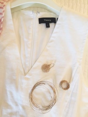 gold drop earrings, delicate gold bangles, gold ring