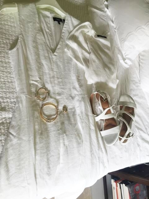 theory white fit and flare dress, theory whote v-neck dress, nic + zoe white cardigan, nic and zoe cardigan, soft white patent leather low wedge sandals, soft white patent leather low cork wedge sandals