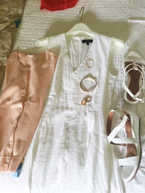 theory white fit and flare dress, theory whote v-neck dress, j.crew pink cardigan, jcrew peach button front cardigan, soft white patent leather low wedge sandals, soft white patent leather low cork wedge sandals