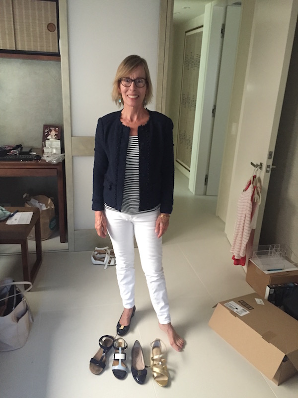 white jeans, white denim, navy blue and white striped shirt