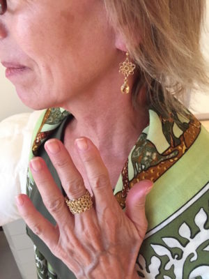 miriam jewels gold weave and stone drop earrings, miriam jewels gold weave ring