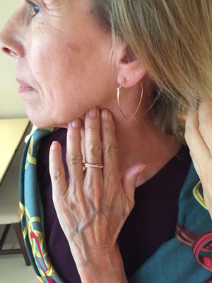 gold teardrop hoop earrings, gold and crystal crossover ring, gold and crystal band