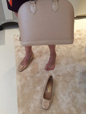 louis vuitton blush pink handbag, salvatore ferragamo nude patent leather heels