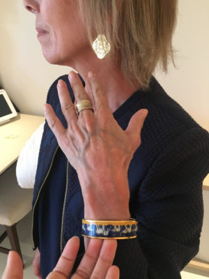 gold drop earrings, gold ring, gold bangle, multi-color bangle