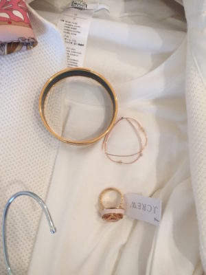 gold drop earrings, gold and pink stone ring, hermes gold bangles