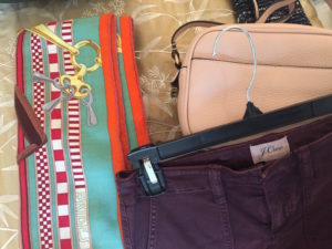 j.crew blush pink crossbody bag, j.crew burgundy jeans, j.crew purple jeans