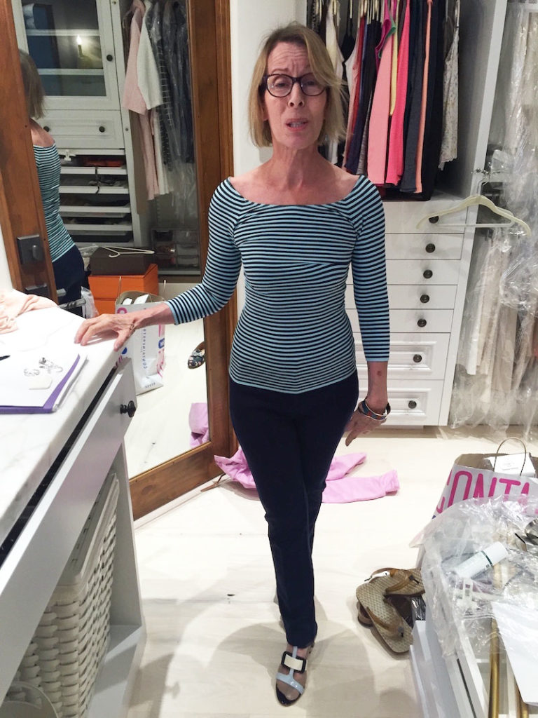 navy blue and teal striped top, 3/4 sleeve top, striped top, kobi halperin leggings, kobi halperin navy straight leg pants, multicolor sandals