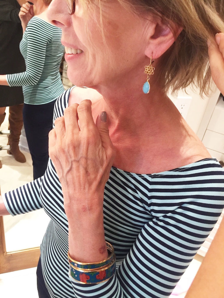 gold and blue bangles, multi-color bangles, gold drop earrings, gold dangle earrings, gold and teal stone drop earrings