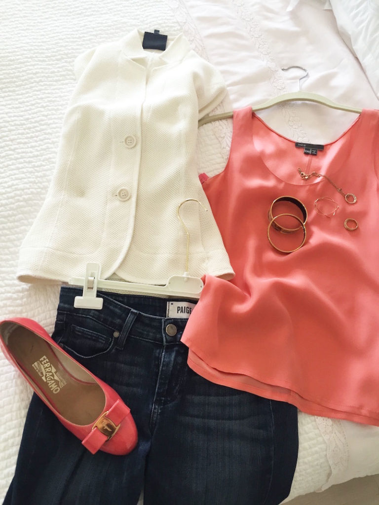 vince coral tank. vince silk tank, Akris white blazer, paige blue jeans, paige medium wash denim, salvatore ferragamo pink patent leather flats