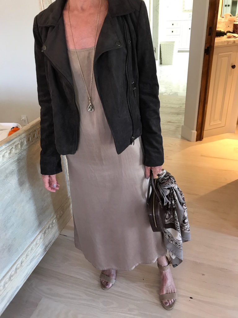 yves delorme nude dress, dark grey suede jacket, j.crew beige suede sandals, brown purse, grey printed scraf