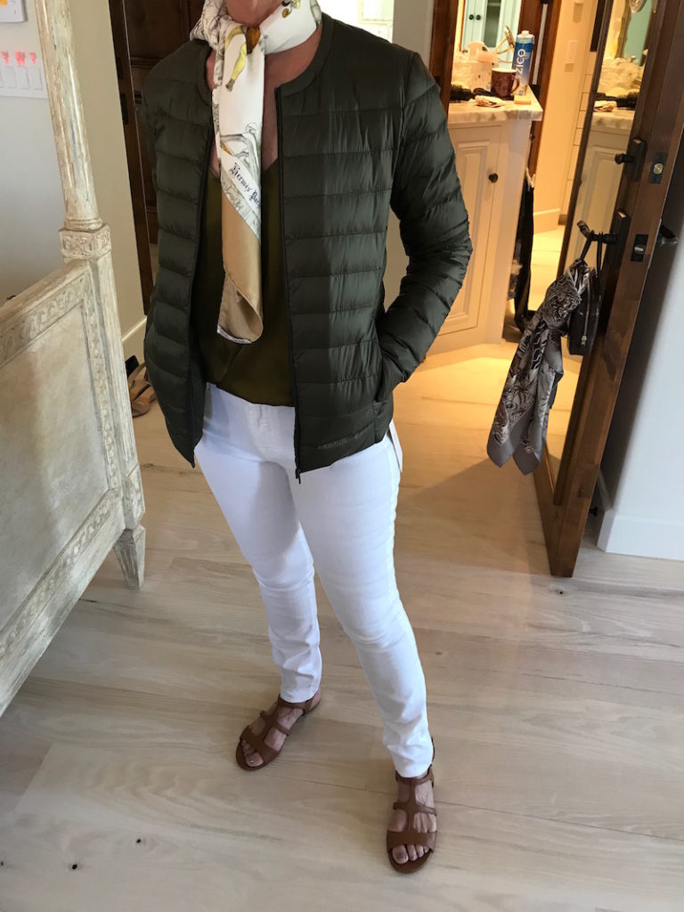 philip lim green sleeveless blouse, 7 for all mankind white jeans, white denim, uniqlo dark green jacket, uniqlo dark green puffer jacket, white printed scarf, j.crew tan sandals