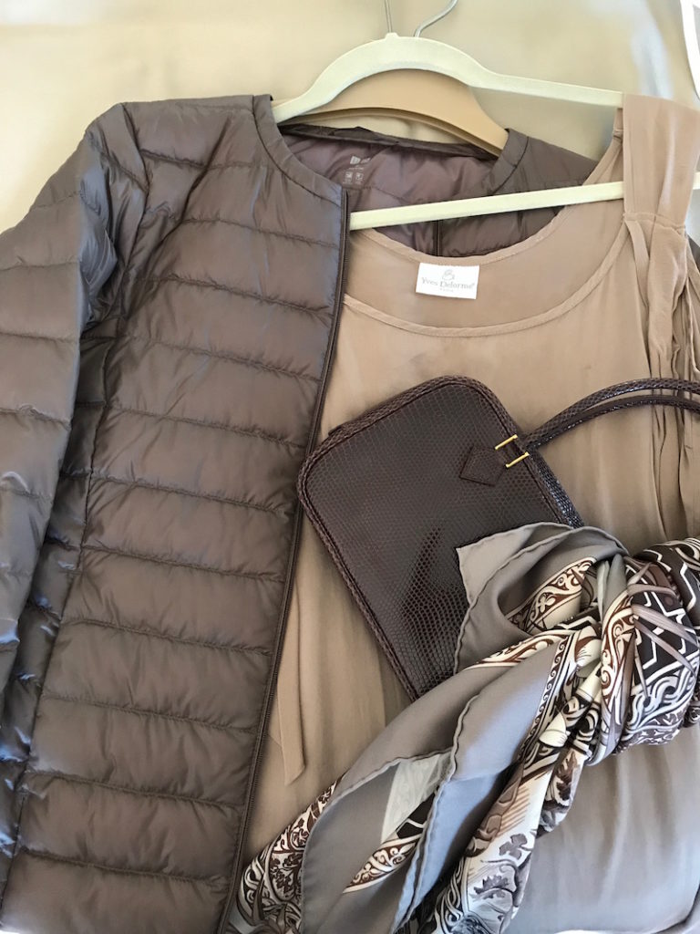 yves delorme nude dress, uniqlo beige puffer jacket, brown purse, grey printed scarf