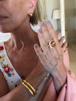 gold bracelets, gold bangles, gold stud hoops, statement ring