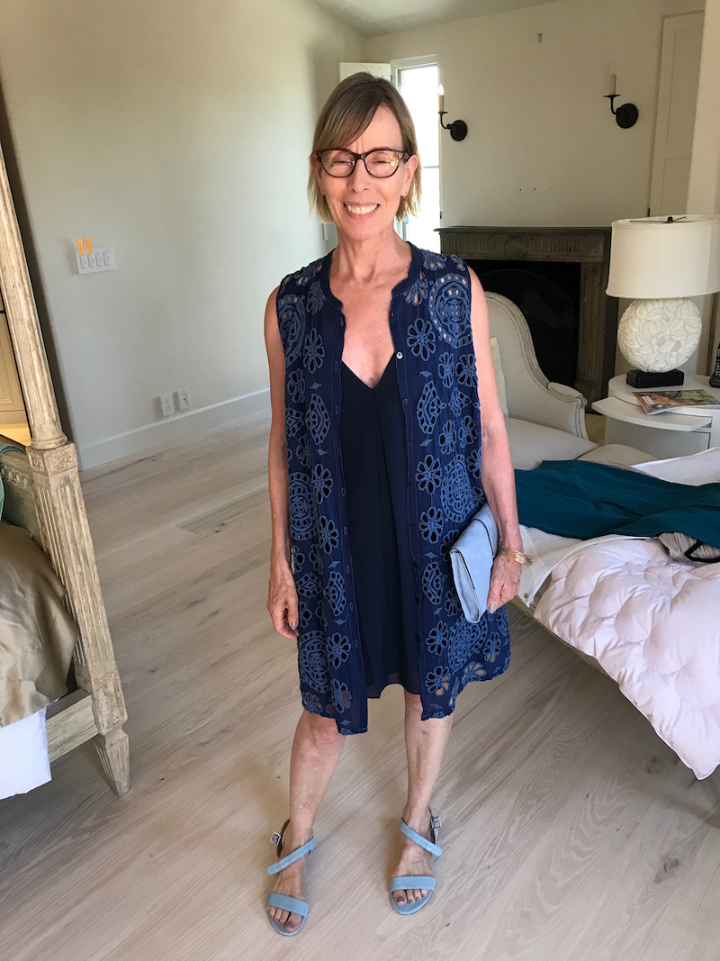 alice and olivia navy blue v-neck dress, alice and olivia navy blue sleeveless dress, johnny was navy blue eyelet vest, johnny was navy blue long vest, grey suede sandals, grey suede clutch