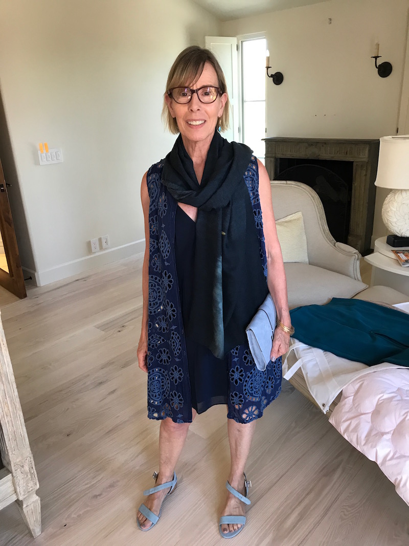 alice and olivia navy blue v-neck dress, alice and olivia navy blue sleeveless dress, johnny was navy blue eyelet vest, johnny was navy blue long vest, navy blue scarf, grey suede sandals, grey suede clutch