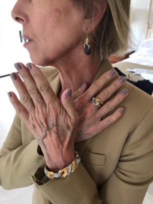 gold and blue stone dangle earrings, mixed metal and crystal ring, mixed metal and crystal bracelet